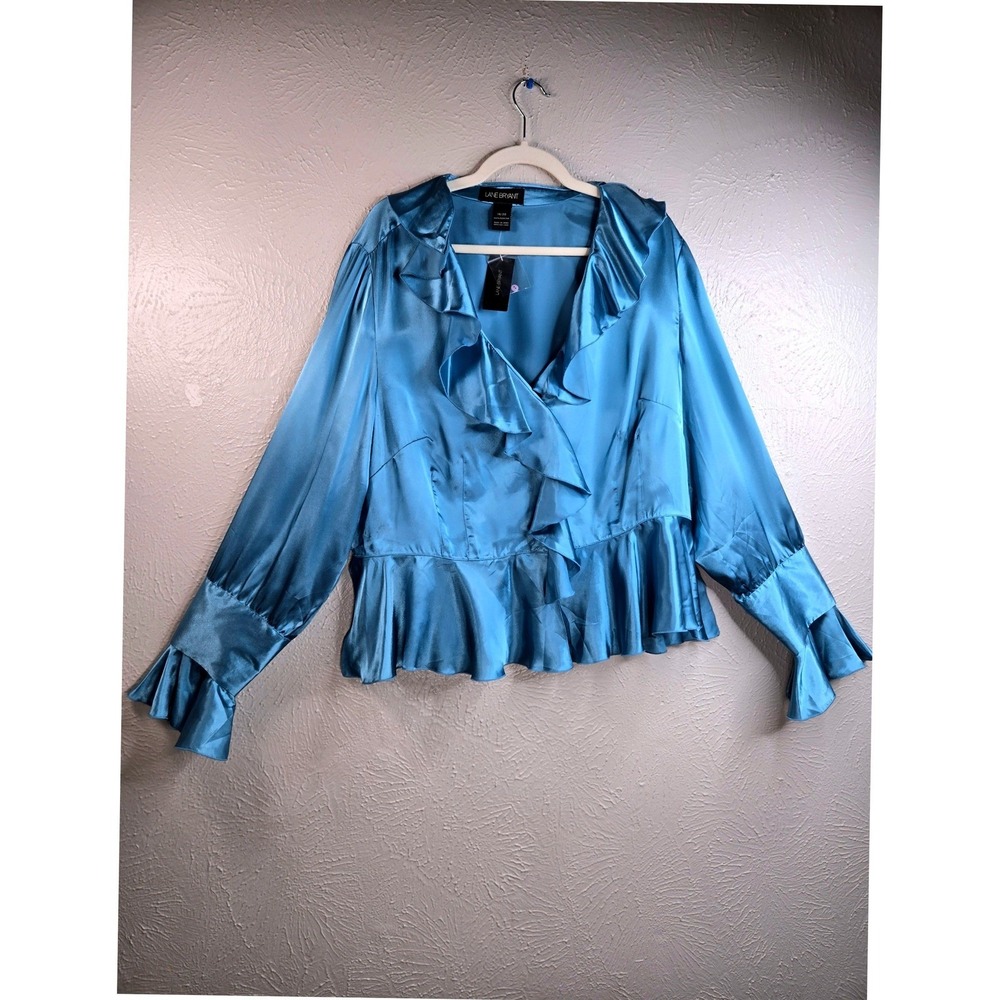 Lane Bryant Ruffle Peplum Blouse 18/20 Plus Blue Satin Bell Sleeve Y2K Glam Top